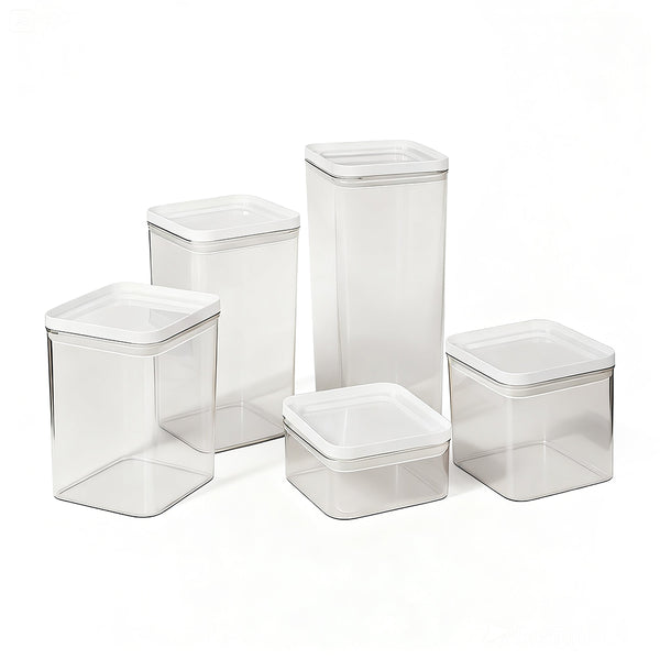 PO69-02 / Conjunto 05 Potes Hermético / Com Tampa Branca